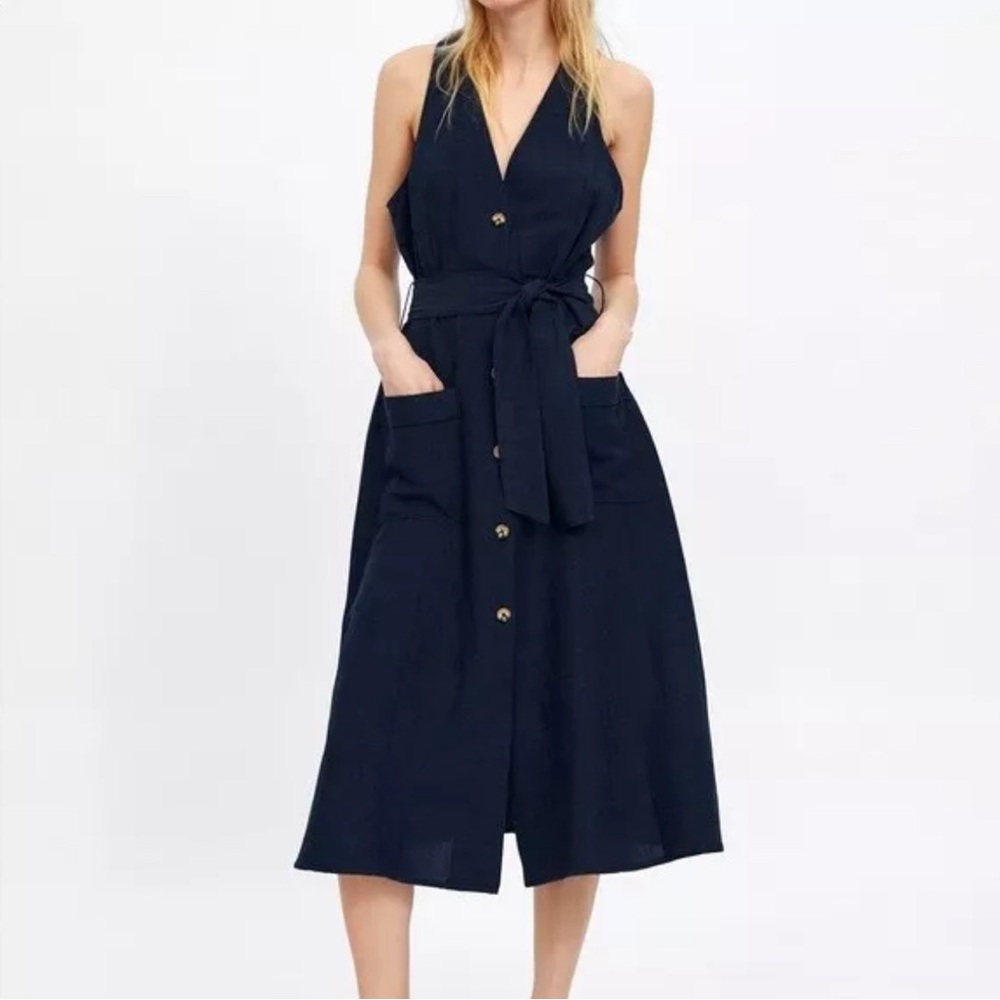 NWT ZARA MIDI LINEN DRESS WITH POCKET AND BELT size Small
